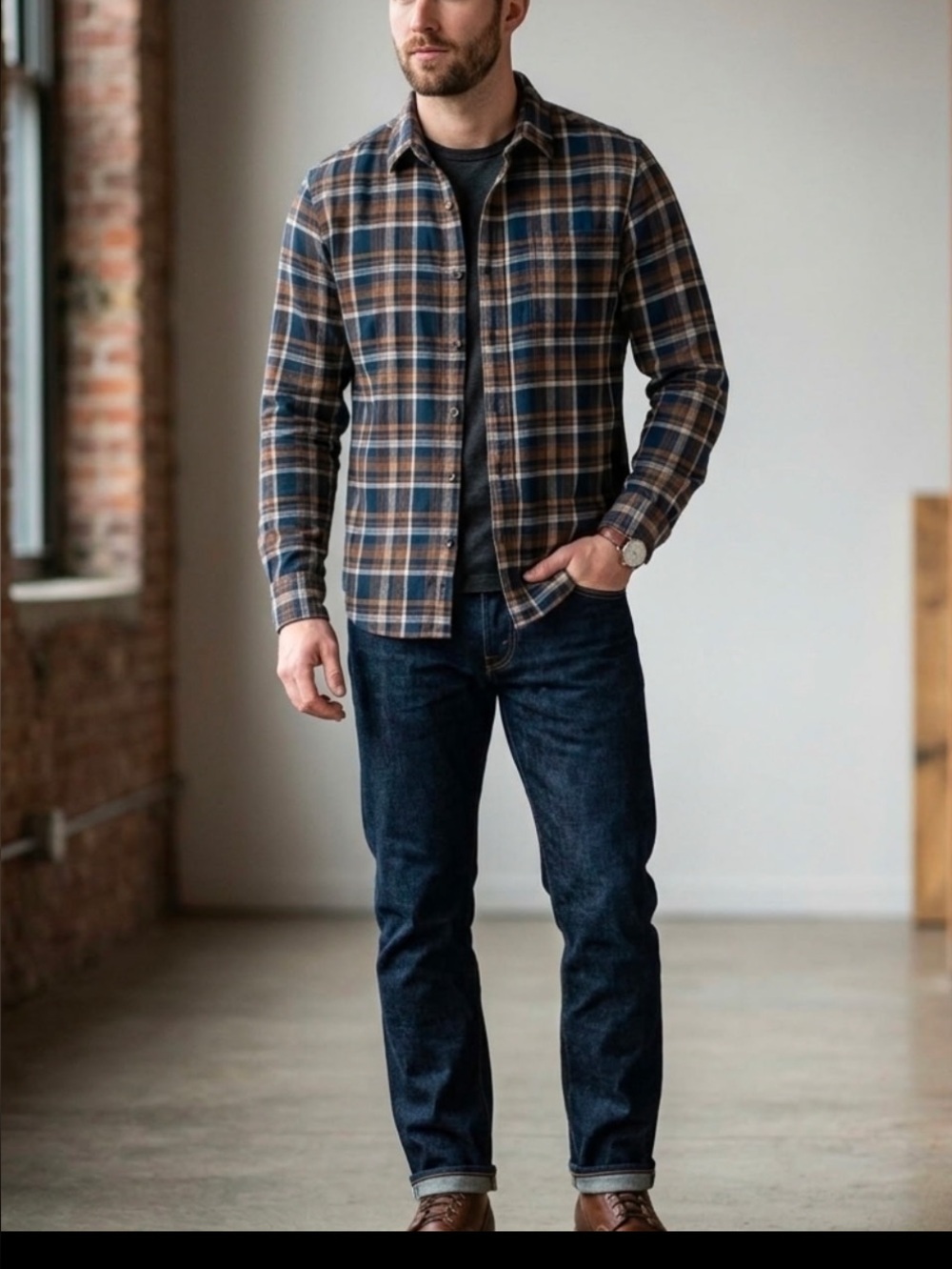 Apt. 9 Navy and Brown Plaid Button-Down Shirt